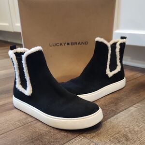 Lucky Brand Black Suede Fur-Trimmed High-Top Sneakers